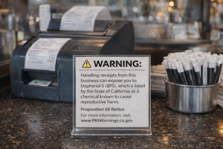 Prop 65 warning sign on a restaurant counter about bisphenol S (BPS) exposure from handling receipt paper, with a receipt printer in the background.